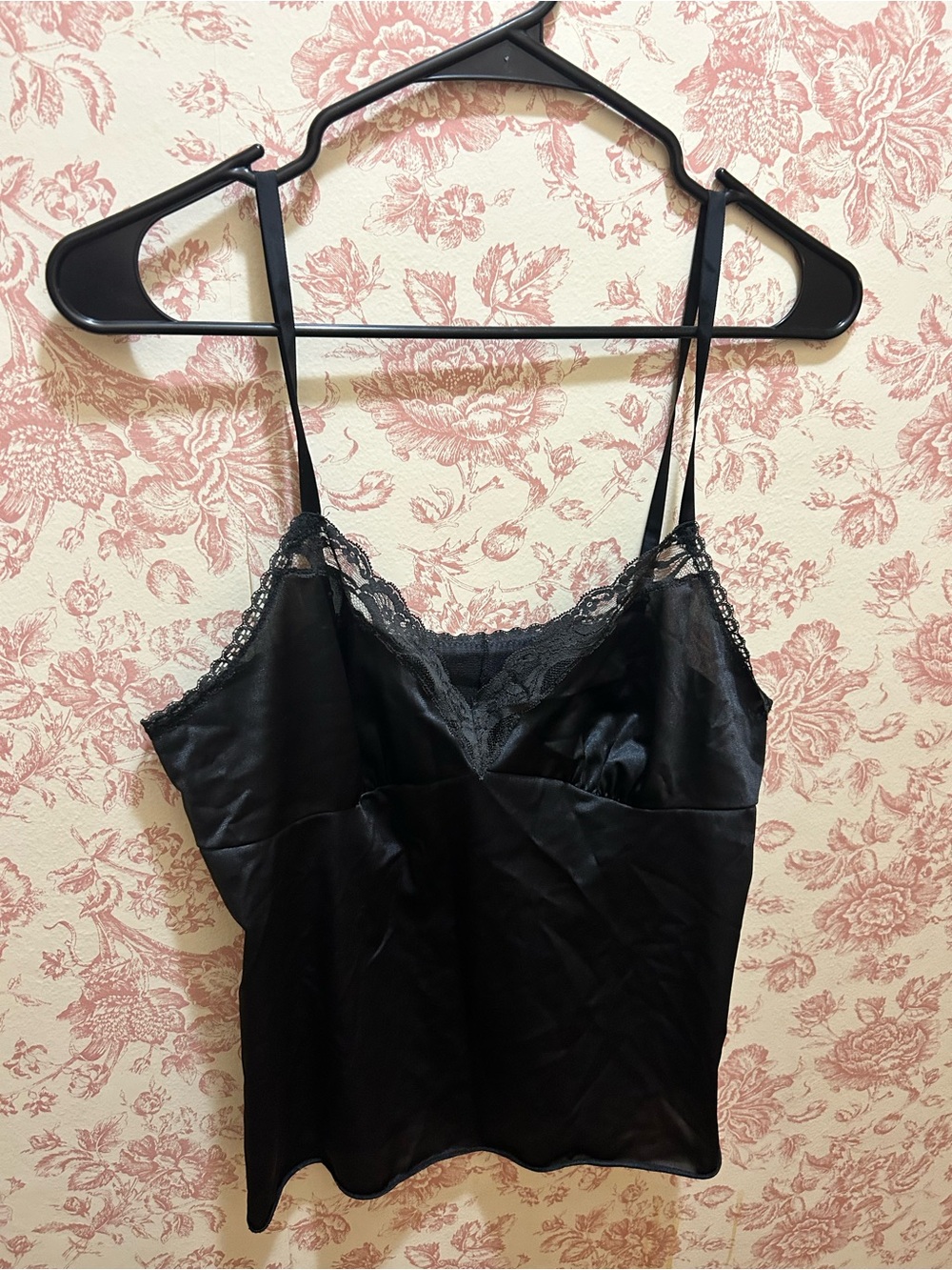 90s Vanity Fair Black Lace-Trim Satin Chemise Camisole